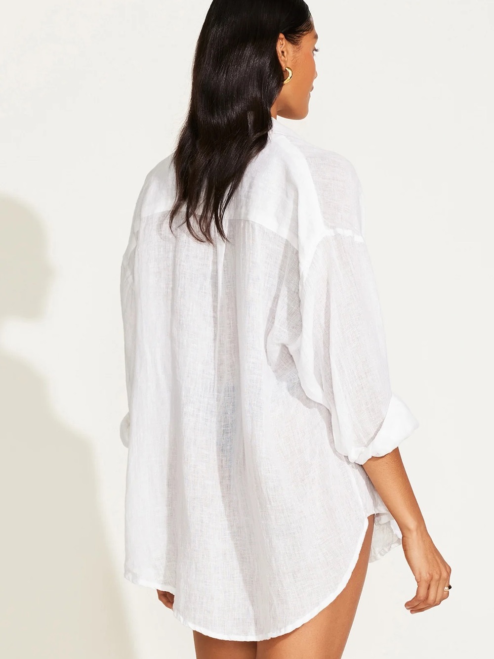 Vitamin A White 100% Linen Relaxed Button-Front Swim Coverup Small - Picture 3 of 13